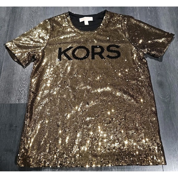 Michael Kors Tops - Michael Kors All Over Gold Sequin T Shirt Women M Lined Glitzy New Year Party